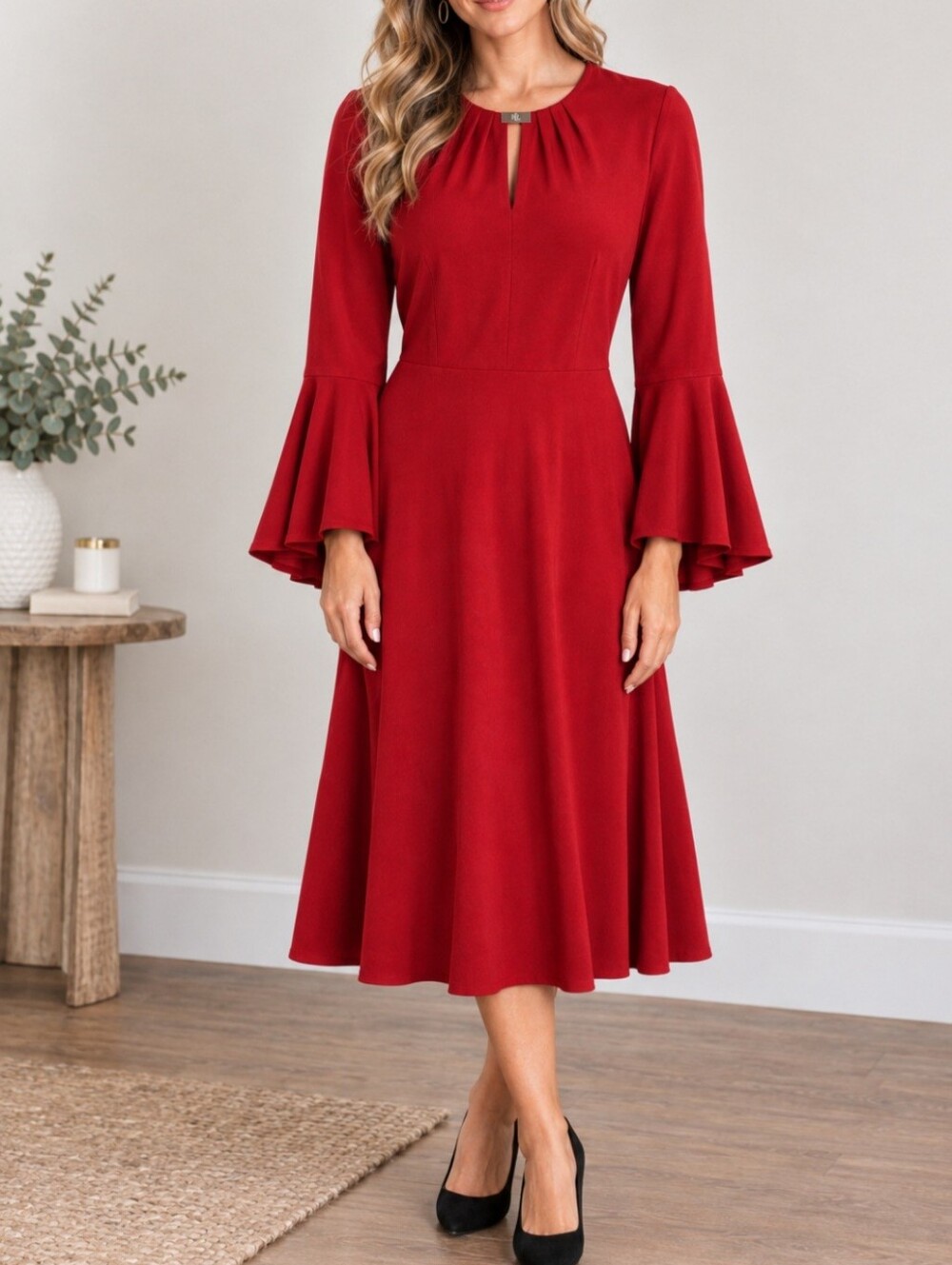 Lauren Ralph Lauren red 3/4 Flared Bell sleeve midi dress size 10 Corpcore